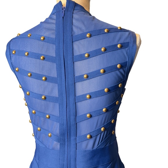 # A234  FT INC  Blue Studded Bodycon Dress Sheer Mesh Cocktail Chic  NWT M - Picture 6 of 8